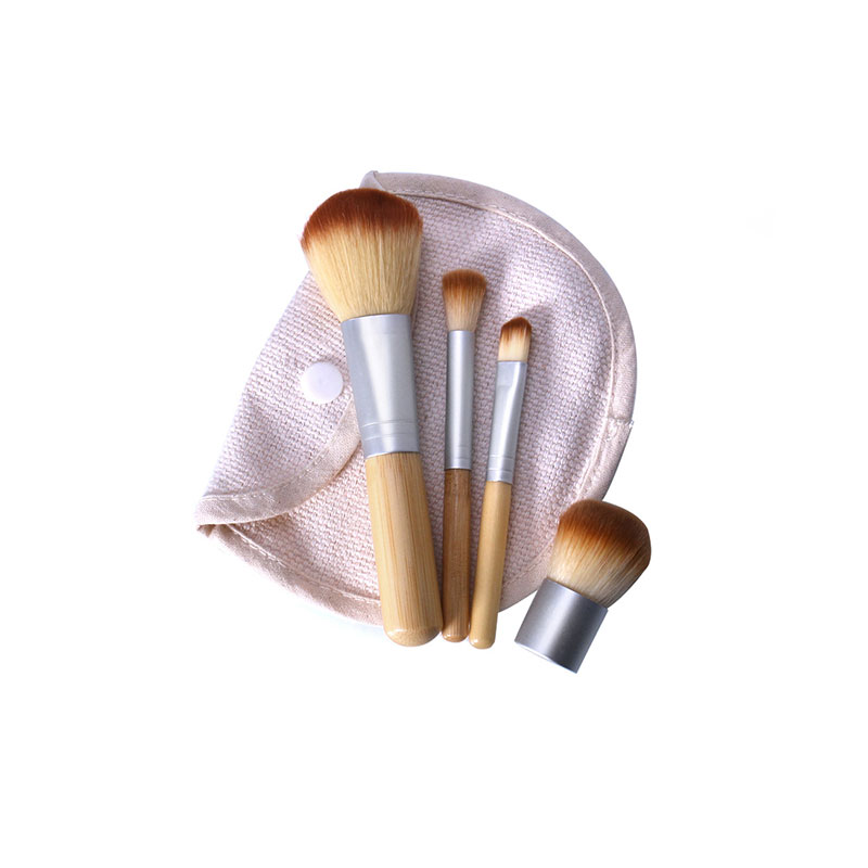 Bamboo Handle Makeup Brush Set With Mini Bag - 4pcs