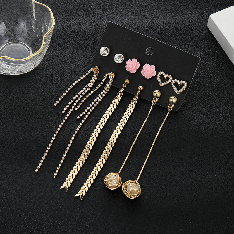 Beautiful Long Chain Tassel Pearl Stud Earrings Set - 6 Pairs (61)