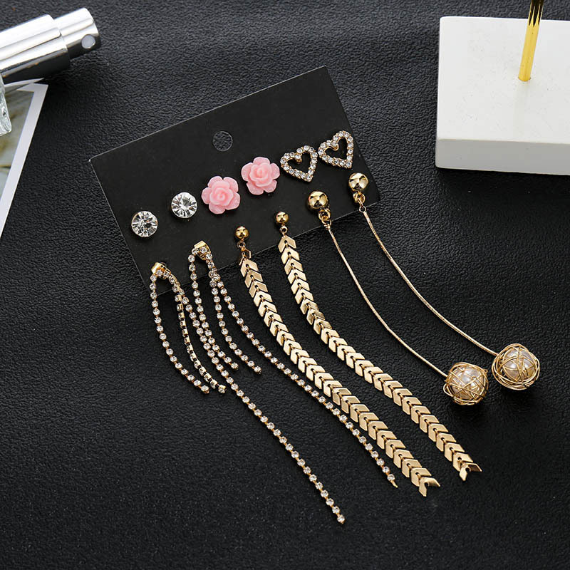 Beautiful Long Chain Tassel Pearl Stud Earrings Set - 6 Pairs (61)