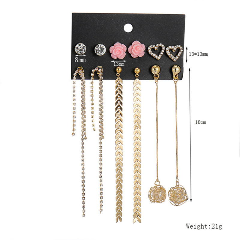 Beautiful Long Chain Tassel Pearl Stud Earrings Set - 6 Pairs (61)