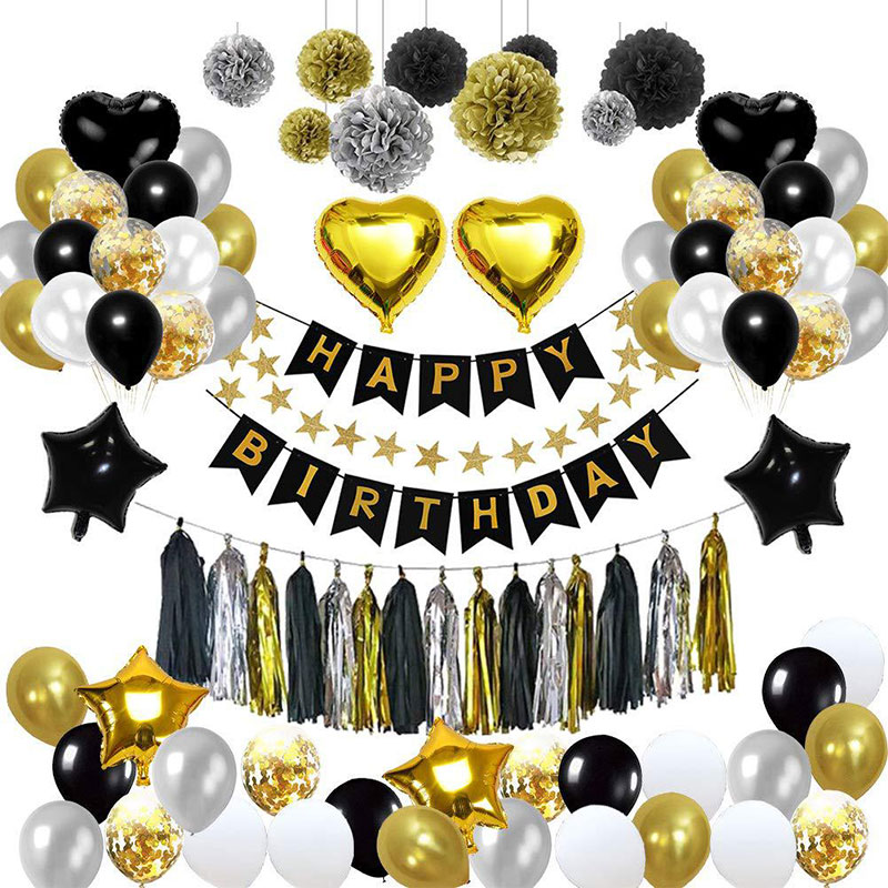 Black & Gold Birthday Balloon Horizontal Tassel Set - 99Pcs