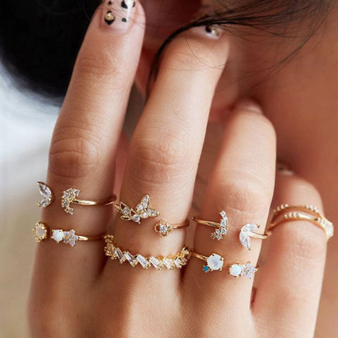 Butterfly Flower Retro Crystal Ring Set - 7pcs (20144)