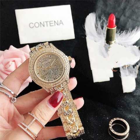 Contena Diamond Studded Ladies Casual Fashion Wrist Watch - Golden