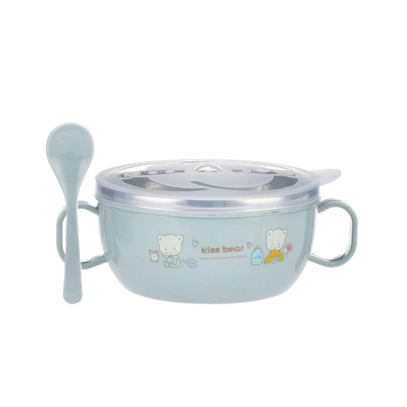 Double Ears Stainless Steel Bowl With Spoon - Light Blue