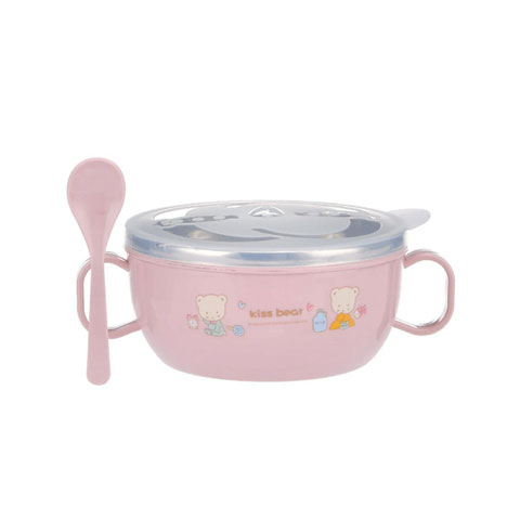 Double Ears Stainless Steel Bowl With Spoon - Pink