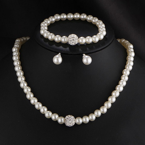 Elegant Faux Pearl Necklace Earring Bracelet Set (301037)