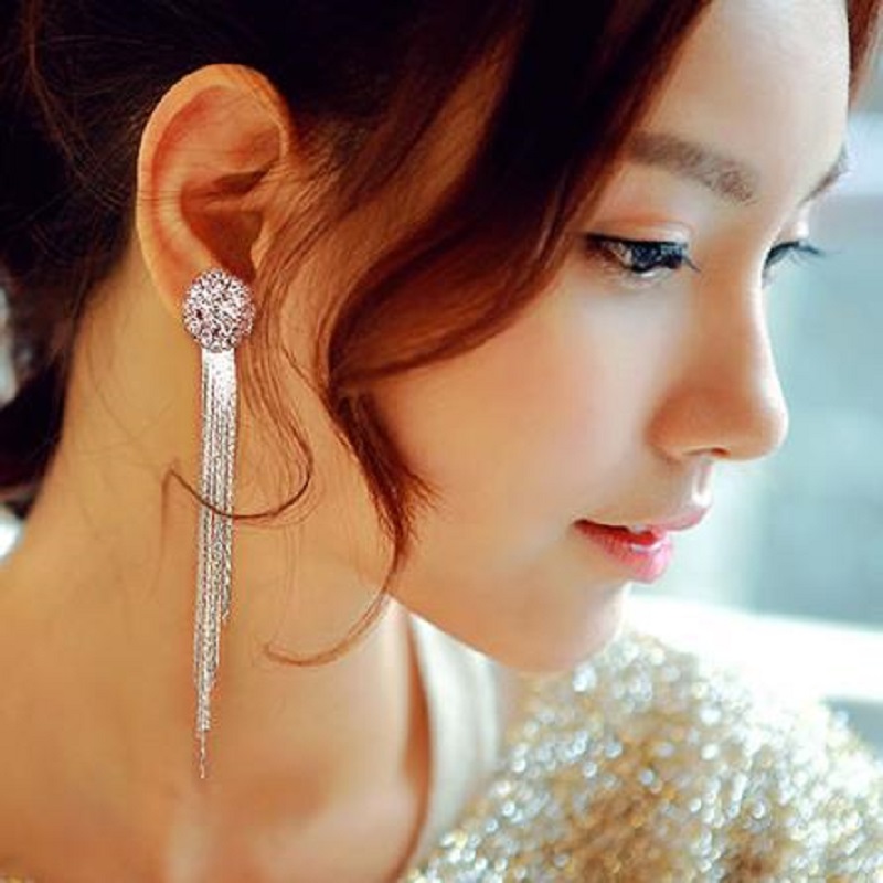 European and American Style Long Tassel Exaggerated Round  Crystal Earrings