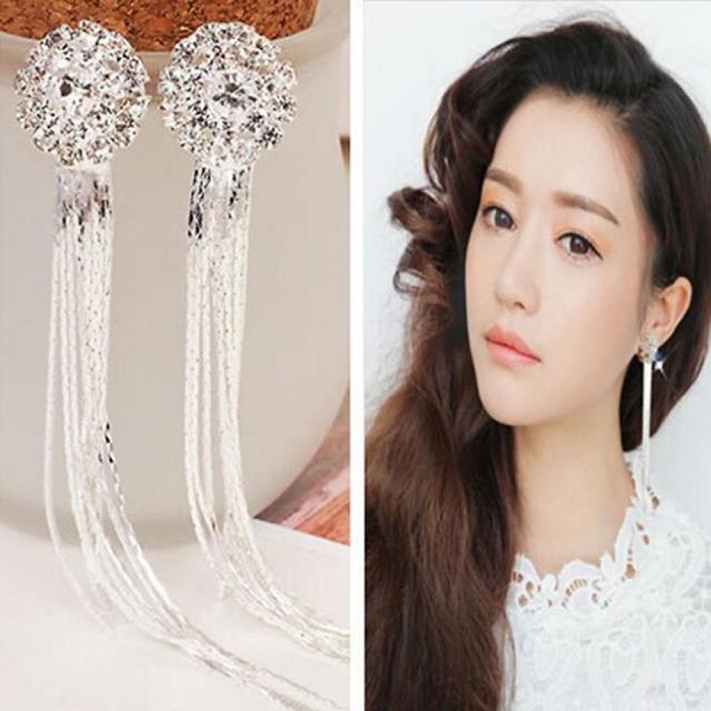 European and American Style Long Tassel Exaggerated Round  Crystal Earrings