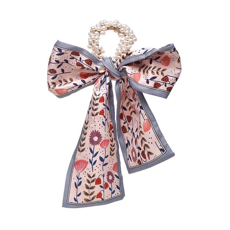 Fashion Pastoral Style Romantic Silk Scarf Ribbon Pearl Headband - Flower Print