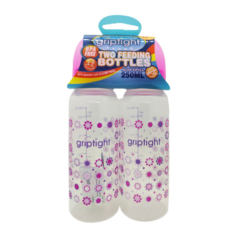 Griptight 0m+ Two Feeding Baby Bottles 250ml - Pink