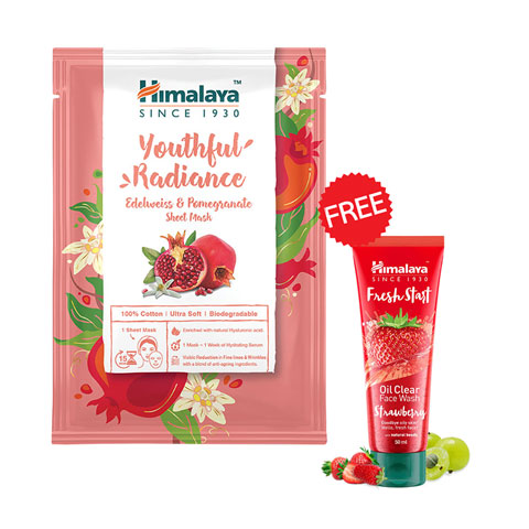 Himalaya Youthful Radiance Edelweiss & Pomegranate Sheet Mask (Get 1 Himalaya Fresh Start Oil Clear Face Wash Strawberry 50ml)