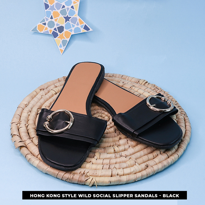 Hong Kong Style Wild Social Slipper Sandals - Black