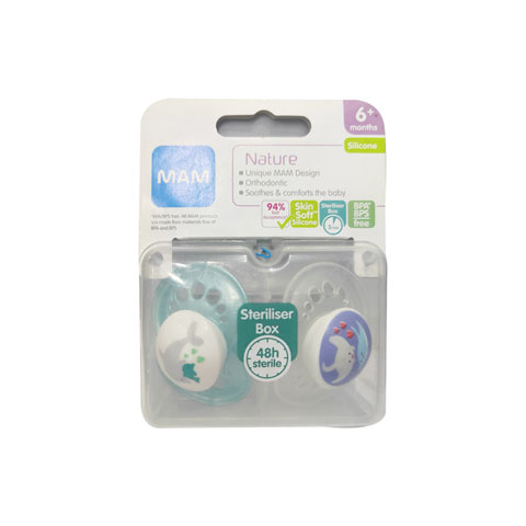 MAM Nature Silicone Soothers With Steriliser Box 6m+ - White & Blue