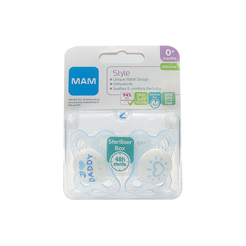 MAM Style Silicone Soothers With Steriliser Box 0m+ - I Love Daddy (Blue)