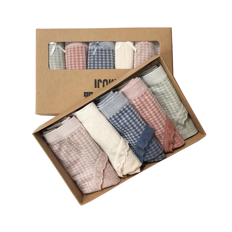 New Unprinted Bow Lace Plaid Underwear Set - 5pcs (40kg-60kg)