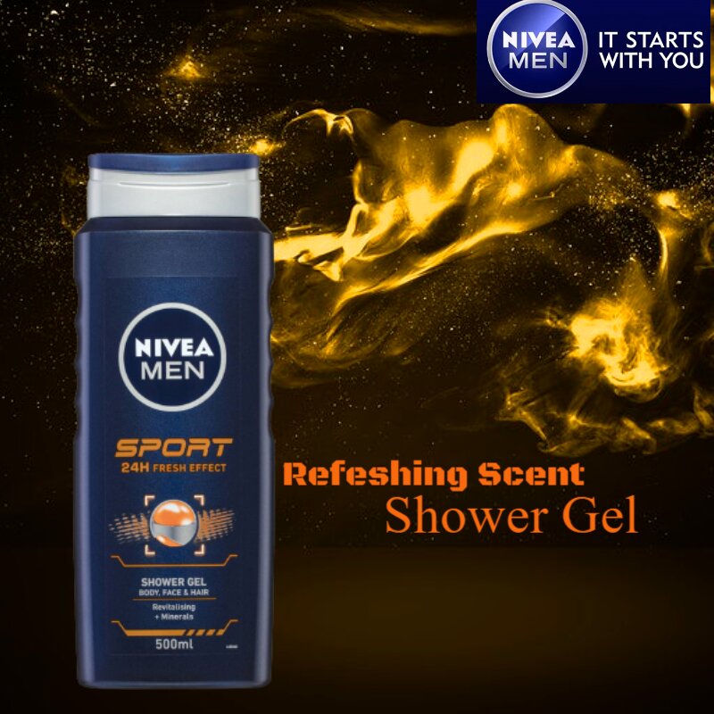 Nivea Men Sport 24H Fresh Effect Shower Gel For Body Face & Hair 500ml