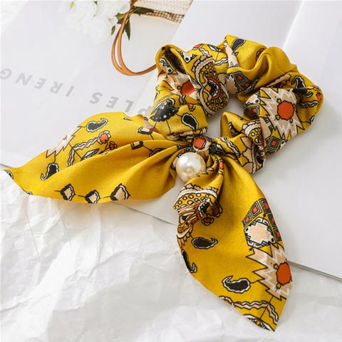 Pearl Pendant Bow knot Large Intestine Hair Tie - Yellow