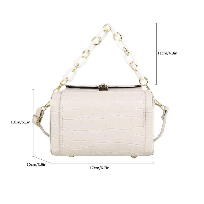 PU Leather Crocodile Pattern Box Shape Bag With Chain & Strap - White
