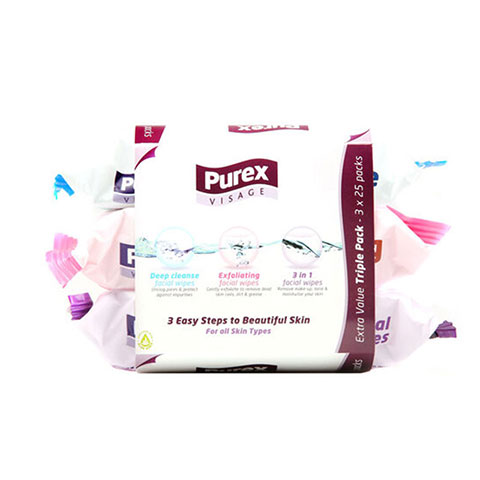 Purex Visage Facial Wipes Extra Value Triple Pack - 3 x 25 Pack