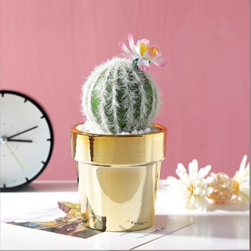 Small Nordic Gold-Plated Ceramic Home Decor Artificial Potted Cactus - Cactus (20166)