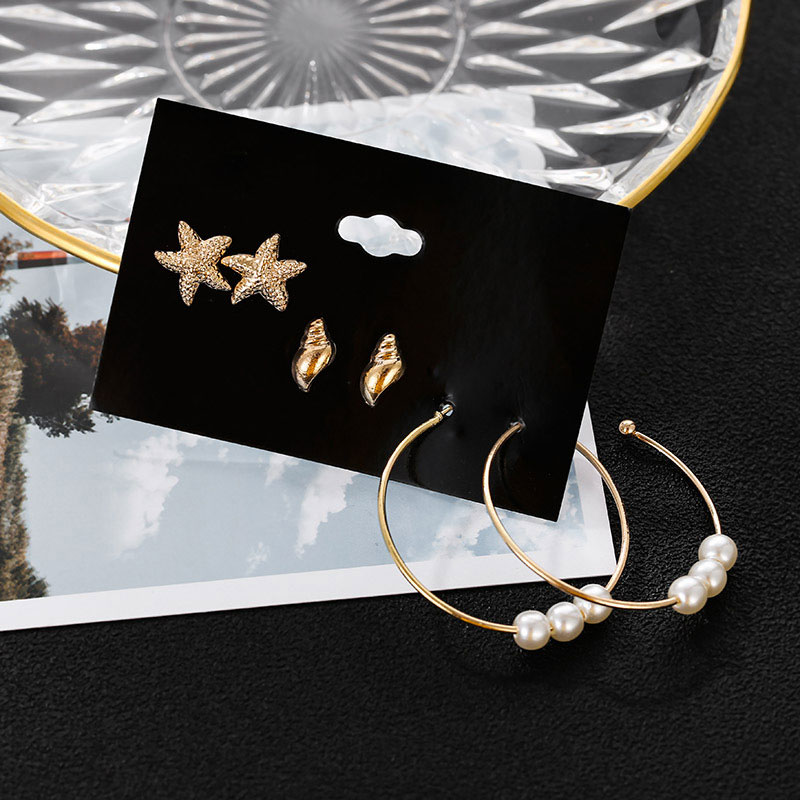 Trendy Starfish Pearl Hoop Earrings Set - 3 Pairs (59)