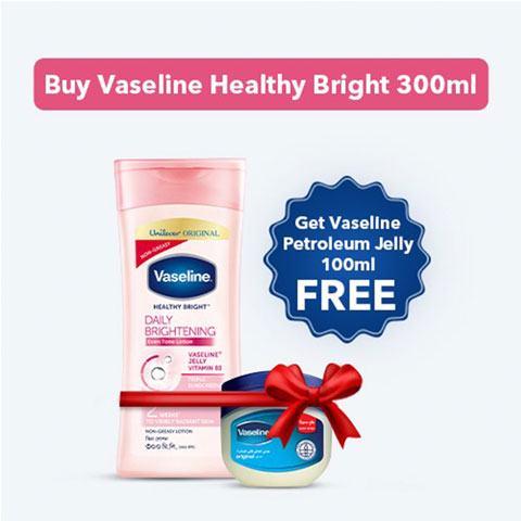 Vaseline Healthy Bright Daily Brightening Lotion 300ml With Free (Vaseline Original Healing Jelly 100ml)