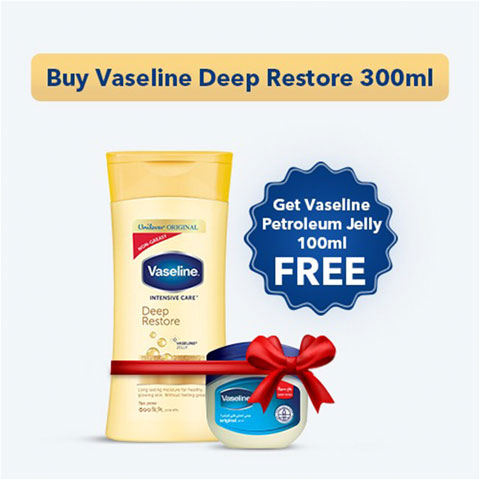 Vaseline Intensive Care Deep Restore Lotion 300ml With Free (Vaseline Original Healing Petroleum Jelly 100ml)