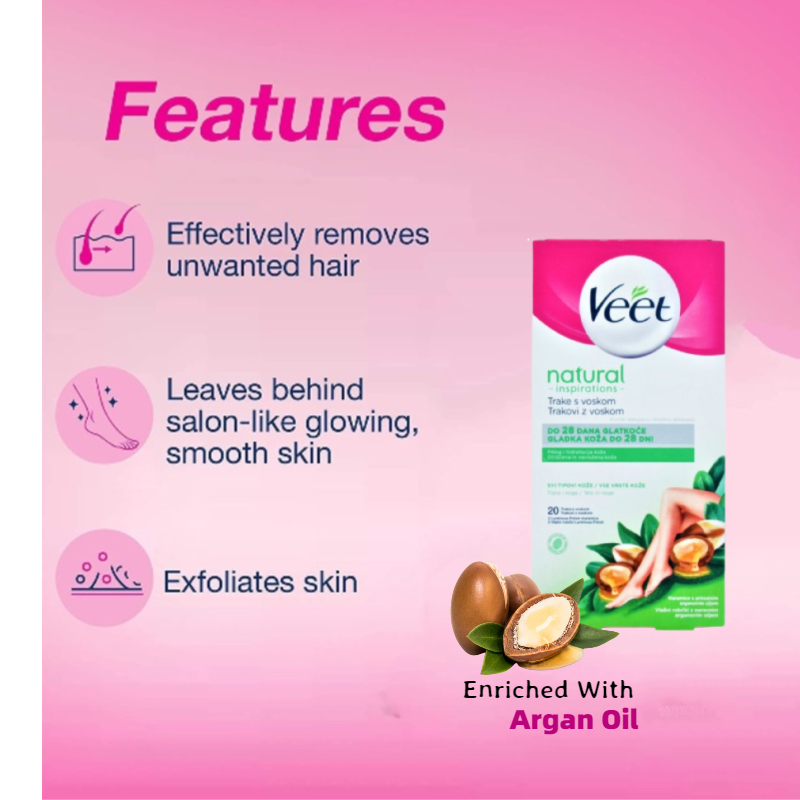 Veet Natural Inspirations Wax Strips For All Skin Types With Argan Oil - 20 Wax Strips