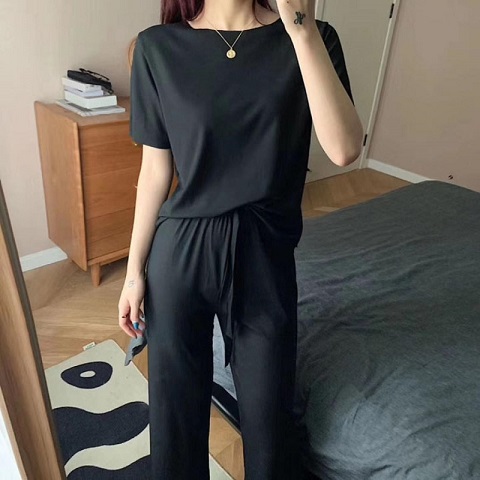 Women's Short-Sleeved Tops and Trouser Suit - Black